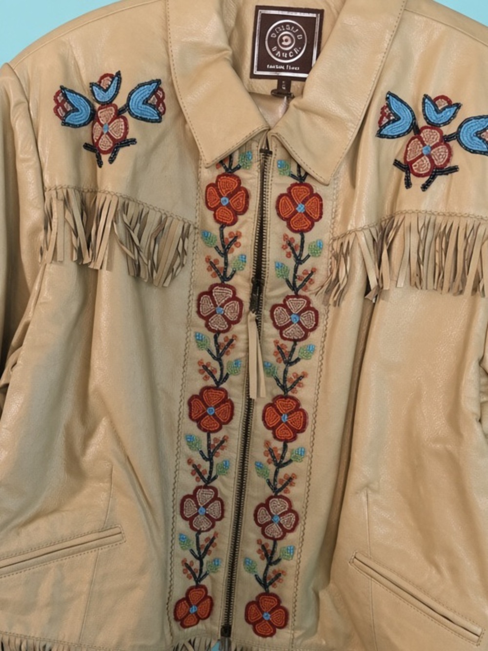 Double D Ranch Leather Fringe Jacket beautiful floral beading RTL $1095 Large